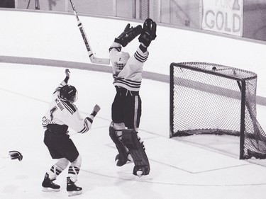 Goalie Shelleen Hyland and defender Dawn McGuire celebrate the Chimos' 1992 victory in the Esso Women's National Championships at Jasper Place Arena in Edmonton.