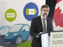 Environment Minister Steven Guilbeault speaks at an announcement in Toronto on Tuesday, Dec.19, 2023, where he outlined the details of his plan to eventually phase out the sale of gas-powered vehicles in Canada. THE CANADIAN PRESS/Frank Gunn