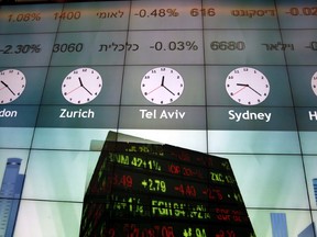 Stock prices flash on an electronic screen displaying world clocks at the Tel Aviv Stock Exchange.