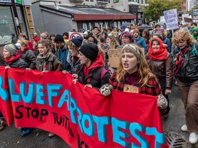 University students protest tuition hikes for out-of-province students, in Montreal on Oct. 30, 2023.