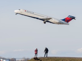 A Delta Airlines plane takes off in Montreal.