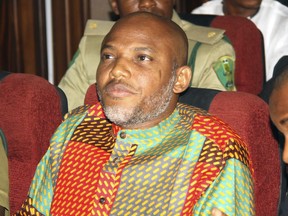 FILE- In this Jan. 29, 2016 file photo, Biafran separatist leader Nnamdi Kanu attends a court hearing at the Federal High court in Abuja, Nigeria. Nigeria's Supreme Court on Friday, Dec. 15, 2023, ordered the continued detention of Nnamdi Kanu, a popular separatist leader whose terrorism trial has been blamed for the violent extremism in the country's southeast region.
