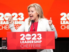 Mississauga Mayor Bonnie Crombie reacts after winning the leadership of the Ontario Liberal party in Toronto on Dec. 2, 2023.