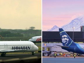 This combination of photos shows a Hawaiian Airlines plane at Kahalui, Hawaii, March 24, 2005, left, and Alaska Airlines planes March 1, 2021, in Seattle. Alaska Airlines announced Sunday, Dec. 3, 2023, that it will buy Hawaiian Airlines for $1.9 billion. That's raising questions about how antitrust regulators will view the deal, and whether past airline mergers have hurt consumers. (AP Photo/Lucy Pemoni, Ted S. Warren)