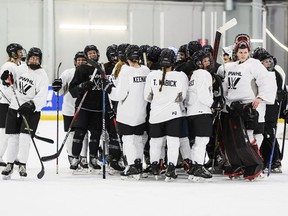 Players of the Toronto squad of the Professional Women's Hockey League break after training camp in Toronto, Friday, Nov., 17, 2023. The six teams in the Professional Women's Hockey League have declared their rosters for the PWHL's inaugural season starting Jan. 1.