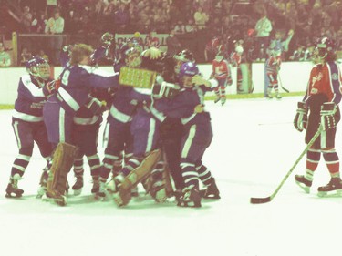 The Chimos celebrate scoring against Quebec at at the 1984 nationals in Spruce Grove, Alta.