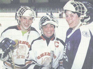 In an image taken from the pages of the Edmonton Journal, from left, Alison Ramsley, Shirley Cameron and Jane Robinson at a March 1986 practice before the nationals in North Battleford, Alta.