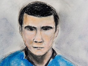 An Alberta mental health review board has rejected a discharge request from a man who killed five people at a Calgary house party almost a decade ago. Matthew de Grood, appearing in a Calgary court on April 22, 2014, is shown in this artist's sketch.
