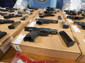 A display of guns seized at the Canada-U.S. border.