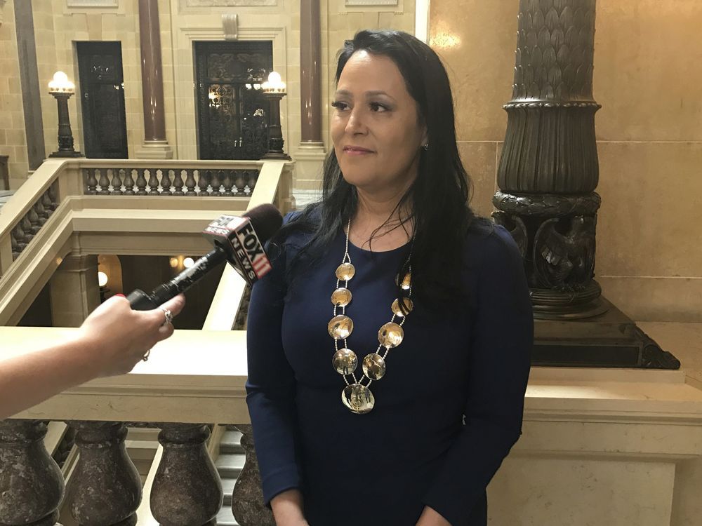 FILE - Shannon Holsey, president of the Stockbridge-Munsee tribe, speaks to reporters after giving the annual State of the Tribes address in the Wisconsin state Capitol Tuesday, April 4, 2017, in Madison, Wisc. Indigenous students from any of Wisconsin's 11 tribes will be able to attend the University of Wisconsin-Madison for free beginning next fall, Chancellor Jennifer Mnookin announced Monday, Dec. 18, 2023. Holsey called the aid program 