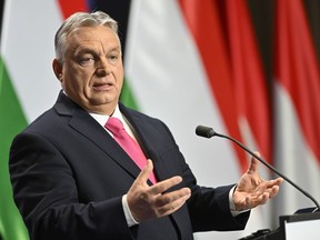 Hungarian Prime Minister Viktor Orban speaks during his annual international press conference in Budapest, Hungary, Thursday, Dec. 21, 2023.