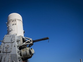 A 20mm Phalanx CIWS weapons defense cannon is mounted on the U.S. Navy destroyer USS Gravely on March 14, 2023.