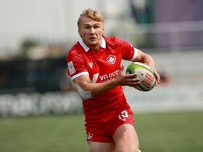 Canada's Ethan Hager runs in for the try against Mexico during men's semifinal rugby action at the Rugby Sevens Paris 2024 Olympic qualification event at Starlight Stadium in Langford, B.C., Sunday, Aug. 20, 2023. The Canadian men's rugby sevens team faces a tough field in its final bid to qualify for the Paris Olympics.
