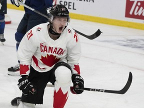 For the second year in a row, Team Canada is celebrating its goals at the world junior ice hockey championship with a song from Newfoundland. Canada's Owen Allard (21) celebrates his goal against Finland during second period hockey action at the IIHF World Junior Hockey Championship in Gothenburg, Sweden on Tuesday, Dec. 26, 2023.