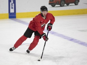Owen Beck skates during the Canadian World Junior Hockey Championships selection camp in Moncton, N.B., Friday, Dec. 9, 2022.
