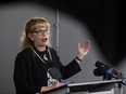 United Nurses of Alberta president Heather Smith takes part in a news conference on Oct. 24, 2022, where Alberta’s health-care unions advocated that the government take steps to fully address the staffing crisis in health care.