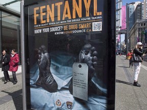 An anti-fentanyl ad is seen in downtown Vancouver in a file photo from 2017.