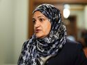 Liberal MP Salma Zahid talks to reporters as she arrives to a caucus meeting in Ottawa on Nov. 8, 2023.