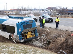 Mississauga transit bus crashed in a ditch