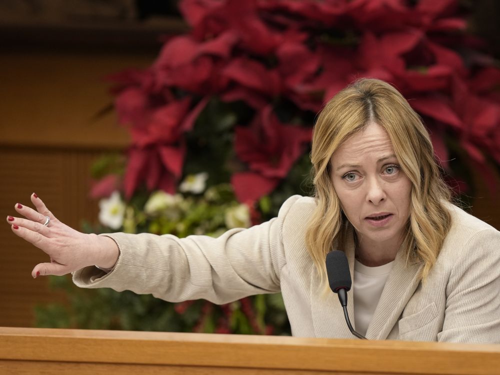 Italian Premier Giorgia Meloni answers journalists' questions during her year end press conference, in Rome, Thursday, Jan. 4, 2024.