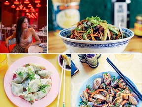 Clockwise from top left: Author and restaurateur Céline Chung, stir-fried vegetable noodles, wok-fried clams and jiaozi