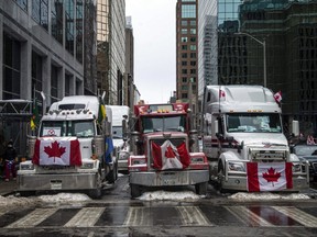 Trucks parked during the Freedom Convoy protest in Ottawa, Ont.