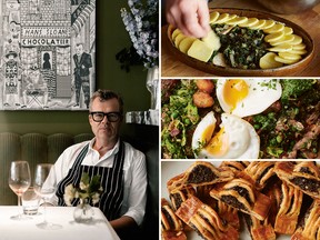 Clockwise from left: chef Jeremy Lee of Quo Vadis in London; chard, potato and celeriac gratin; duck, pea and cabbage hash; and mushroom jalousie