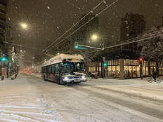 It's a snow day for many as a major system crosses the B.C. south coast. This is downtown Vancouver early Wednesday morning.