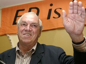 Ed Broadbent acknowledges the crowd after winning the Ottawa Centre riding in the federal election. Broadbent died Jan. 11 at age 87.
