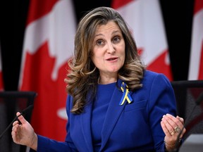 Deputy Prime Minister and Minister of Finance Chrystia Freeland speaks during a news conference