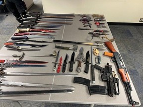 Edmonton police said on Tuesday, Jan. 9, 2024, they seized dozens of weapons including Samurai swords, machetes, knives, axes and a pair of BB guns from a homeless encampment at Dawson Park.