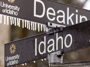 FILE - Icicles hang from a street sign at the University of Idaho, Wednesday, Jan. 18, 2017, in Moscow, Idaho. A judge in Idaho has rejected an open meetings lawsuit late Tuesday, Jan. 30, 2024, against the State Board of Education, a ruling that could mean a major breakthrough for the University of Idaho's controversial bid to purchase the University of Phoenix, a private online school, for nearly $700 million.