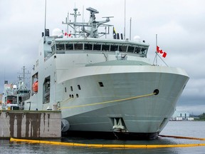The HMCS Margaret Brooke, shown here during a 2021 ceremony at the dock in Halifax, was the second Arctic and Offshore Patrol Ship (AOPS) delivered to the Royal Canadian Navy. The AOPS program was launched by the former Conservative government with a minimum of five ships for the navy. The Liberal government, first elected in 2015, approved the construction of a sixth AOPS for the navy and two more for the coast guard.