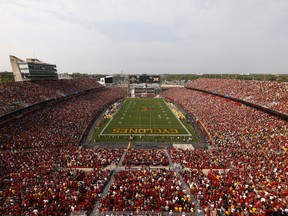 FILE - Iowa State takes on Iowa in a sellout crowd of 61,500 people at Jack Trice Stadium during the first half of an NCAA college football game, Saturday, Sept. 11, 2021, in Ames, Iowa. Iowa State athletes caught in a gambling sting last year were criminally charged and lost NCAA eligibility as a result of improper searches into their online wagering activities, according to defense attorneys' court filings.