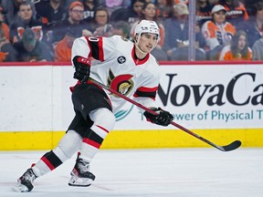 FILE - Ottawa Senators' Alex Formenton skates during an NHL hockey game, Friday, April 29, 2022, in Philadelphia. Five players from Canada's 2018 world junior team have taken a leave of absence from their respective clubs in recent days amid a report that five members of that team have been asked to surrender to police to face sexual assault charges. New Jersey's Michael McLeod and Cal Foote, Philadelphia's Carter Hart, Calgary's Dillon Dube and former NHL player Alex Formenton have all been granted indefinite leave, with the absences announced this week.