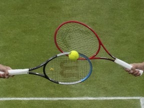 A new study commissioned by Tennis Canada shows that the sport has nearly reached pre-pandemic levels of participation. Tennis rackets are shown in London, Eng. on Saturday, July 10, 2021.