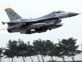FILE - A U.S. Air Force's F-16 fighter takes off during an annual joint air exercise "Max Thunder" between South Korea and the U.S. at Kunsan Air Base in Gunsan, South Korea on April 20, 2017. A U.S. Air Force pilot safely ejected from an F-16 fighter jet that crashed into waters off South Korea's southwestern coast on Wednesday, Jan. 31, 2024, in the second crash of the aircraft in less than two months.