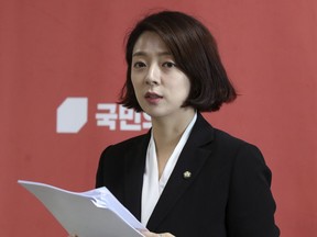 People Power Party lawmaker Bae Hyunjin speaks at the National Assembly in Seoul, South Korea, on May 31, 2023. South Korean police say a governing party lawmaker is being treated at a Seoul hospital after being attacked by an unidentified man who struck her head with a rock-like object.