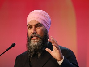 Federal New Democrat leader Jagmeet Singh speaks to delegates at the B.C. NDP convention at the Victoria Conference Centre in Victoria on Sunday, Nov. 19, 2023. Singh says Canadians can do better as a country, as hate crimes rise following the Israel-Hamas war.