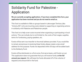 Detail from a Victoria, B.C. community group offering low-barrier payments to anti-Israel demonstrators.
