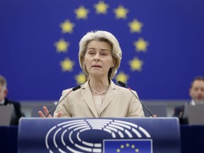 European Commission President Ursula von der Leyen delivers her speech at European Parliament Wednesday, Jan. 17, 2024 in Strasbourg, eastern France. Members of the parliament will discuss the results of the Dec. 14-15 summit, outline their expectations for the Feb.1, 2024 special European Council and assess the situation in Hungary and frozen EU funds.