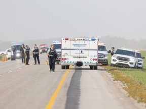 RCMP were at the scene on Highway 11 after the arrest of Myles Sanderson North of Saskatoon on September 7, 2022.