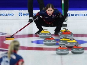 Team Wild Card 1 skip Kaitlyn Lawes calls out to the sweepers while playing Prince Edward Island at the Scotties Tournament of Hearts, in Kamloops, B.C., on Thursday, Feb. 23, 2023.
