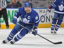 John Tavares of the Toronto Maple Leafs circles against the New York Rangers during an NHL game at Scotiabank Arena on Nov. 18, 2021 in Toronto, Ont., Canada.