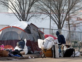 Homeless tents are visible along 105A Avenue near 96 Street, in Edmonton Thursday Jan. 4, 2024.
