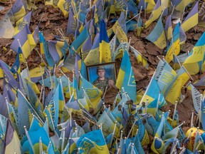 This photograph taken on February 24, 2024, shows flags bearing symbols and colours of Ukraine set to commemorate fallen Ukrainian army soldiers at Independence Square in Kyiv, on February 24, 2024, on the second anniversary of Russia's invasion of Ukraine.