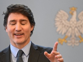Prime Minister Justin Trudeau during a joint press conference with Poland's prime minister in Warsaw on February 26, 2024.