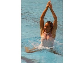 Canadian synchronized swimmer Sylvie Frechette, is shown competing in the synchronized swimming competition in Barcelona Olympics on Aug. 2, 1992.