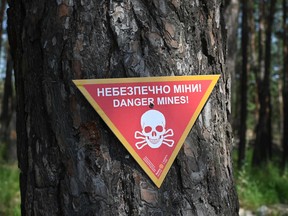 Landmine warning sign in Ukraine