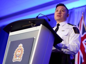 London Police Chief Thai Truong speaks during a press conference in London, Ontario on Monday, Feb. 5, 2024. Nearly six years after a woman alleged she had been sexually assaulted by five then-members of Canada's world junior hockey team, the police chief of a southwestern Ontario city offered an apology for how long it had taken for charges to be laid in the case.